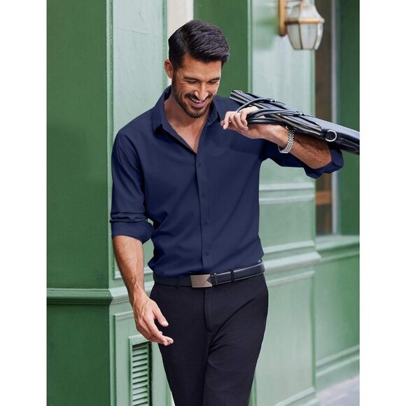 Coofandy Men Solid Navy Blue Long Sleeve Button Down Regular Fit Business Shirt - Picture 5 of 6